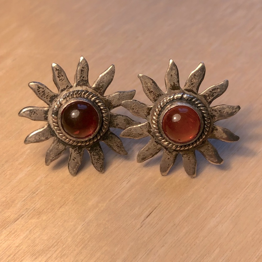 Vintage 90s Amber Cabochon Sunburst Earrings